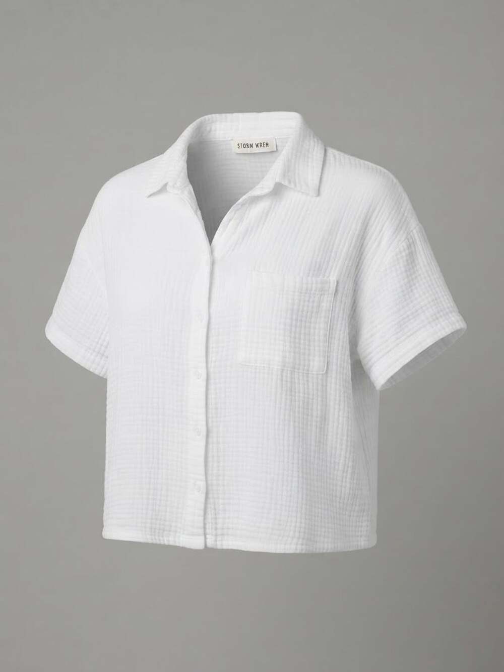 Women's Crinkle Gauze white Button Down Shirt Collared Roll Cap Sleeve medium